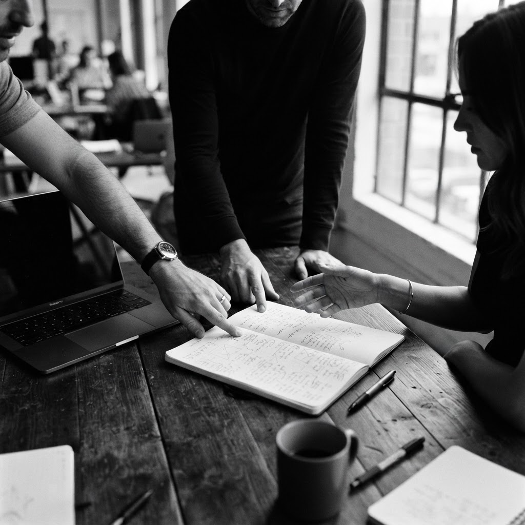 Hands working together around a notebook and business plans
