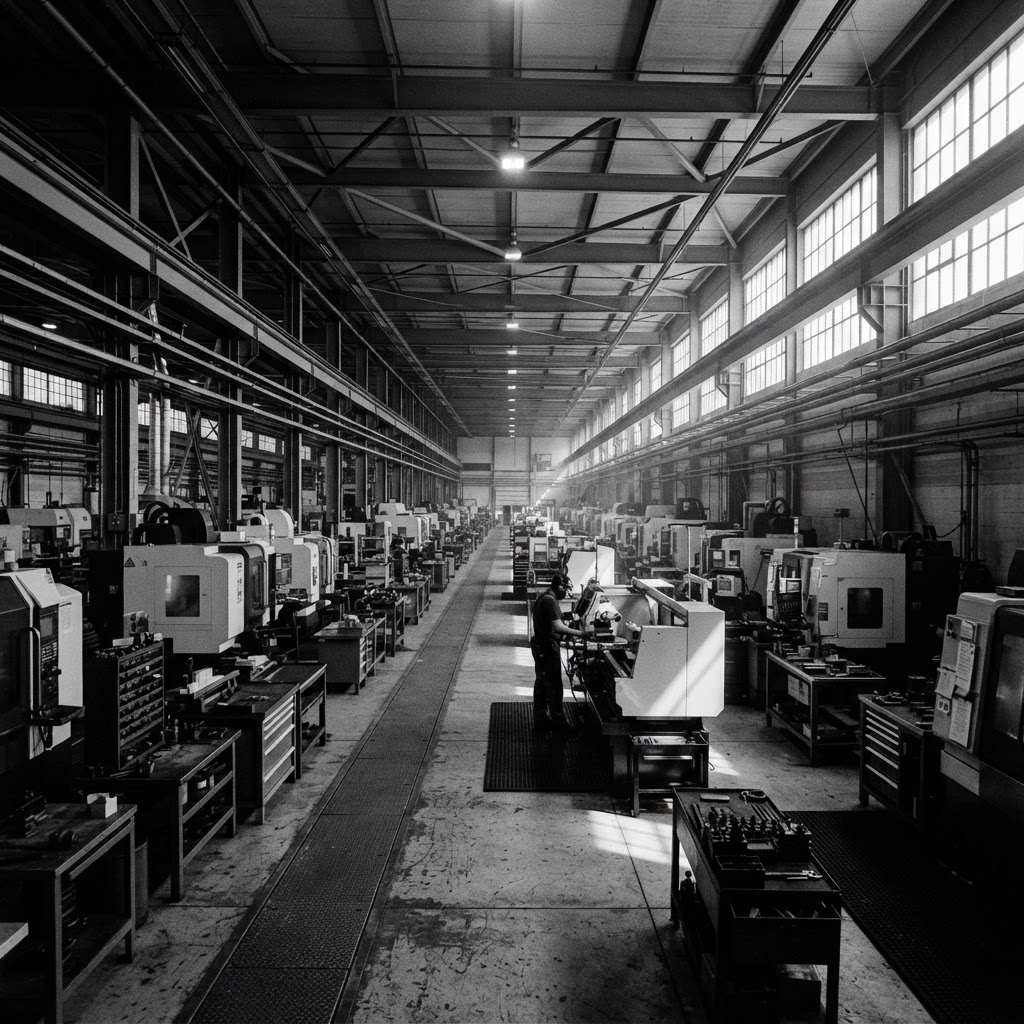 Light falling across an organized manufacturing workshop